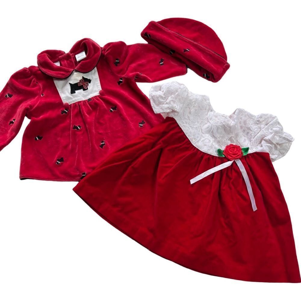 TWO Vintage 1990s Red Velvet Baby Dresses Lacey Floral Schnauzer Dog with Hat